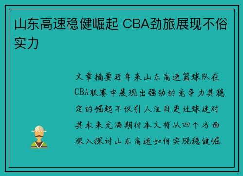 山东高速稳健崛起 CBA劲旅展现不俗实力